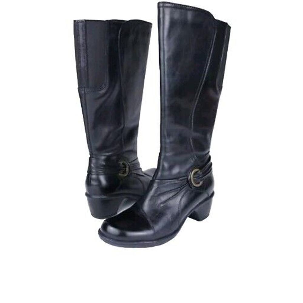 Clarks Biker Boots 5 Calf High Tall Black Leather Western Buckle Riding 38480